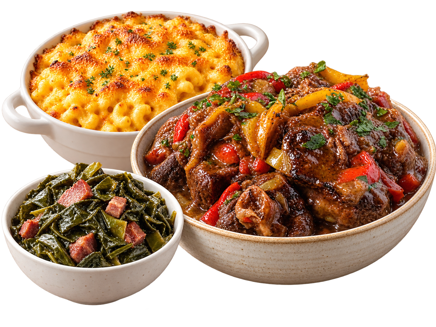 Bowls of homemade Southern cooking including oxtails, mac and cheese and collard greens