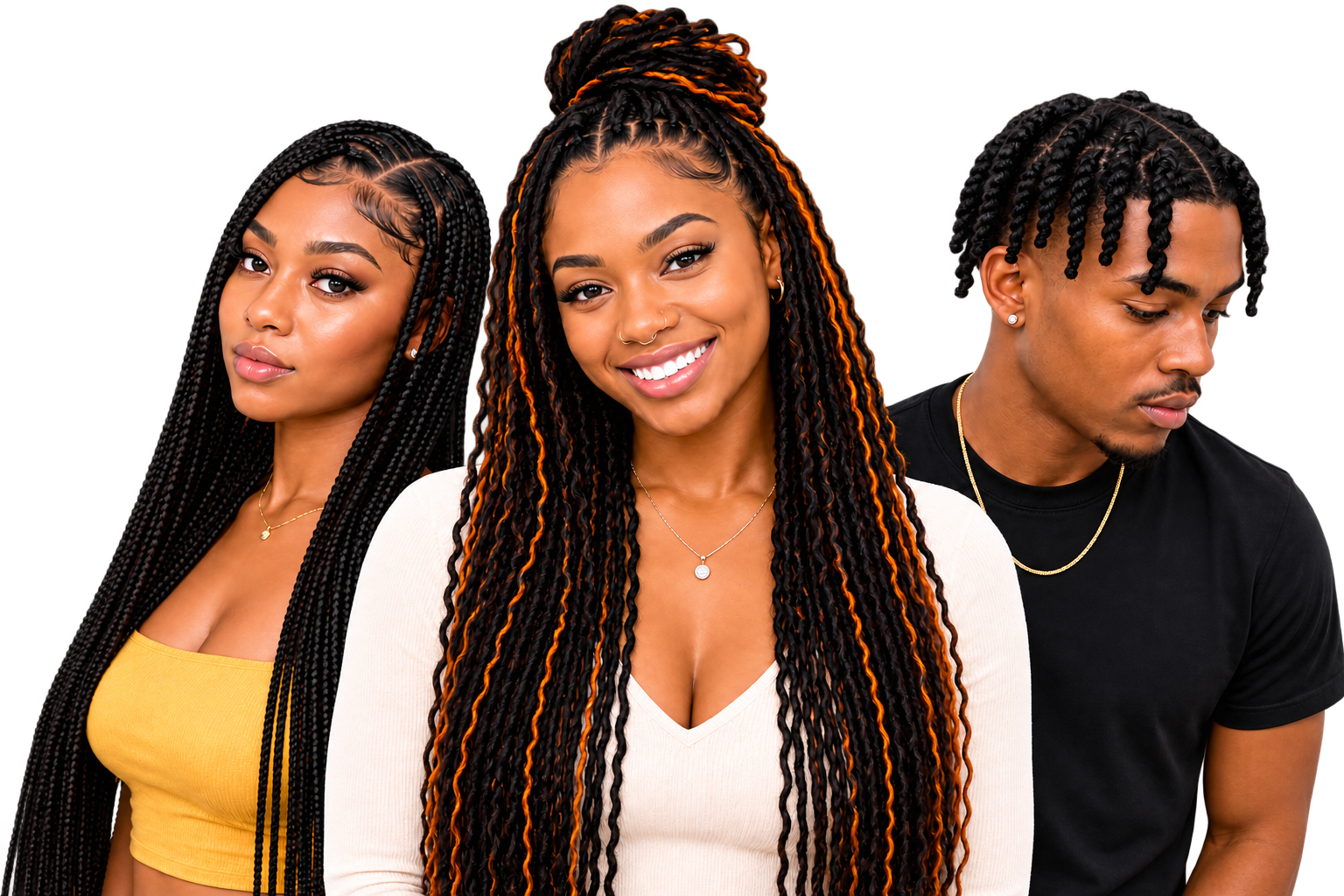 Clients wearing knotless braids, faux locs and twists styled at Haley&rsquo;s Place