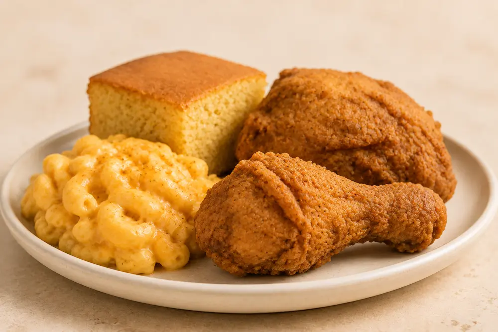 Southern plate with fried chicken, macaroni and cheese, and cornbread