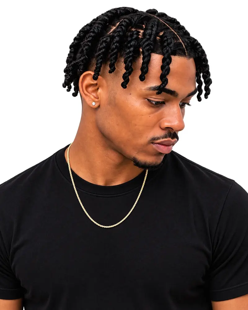 Man modeling short two-strand twists