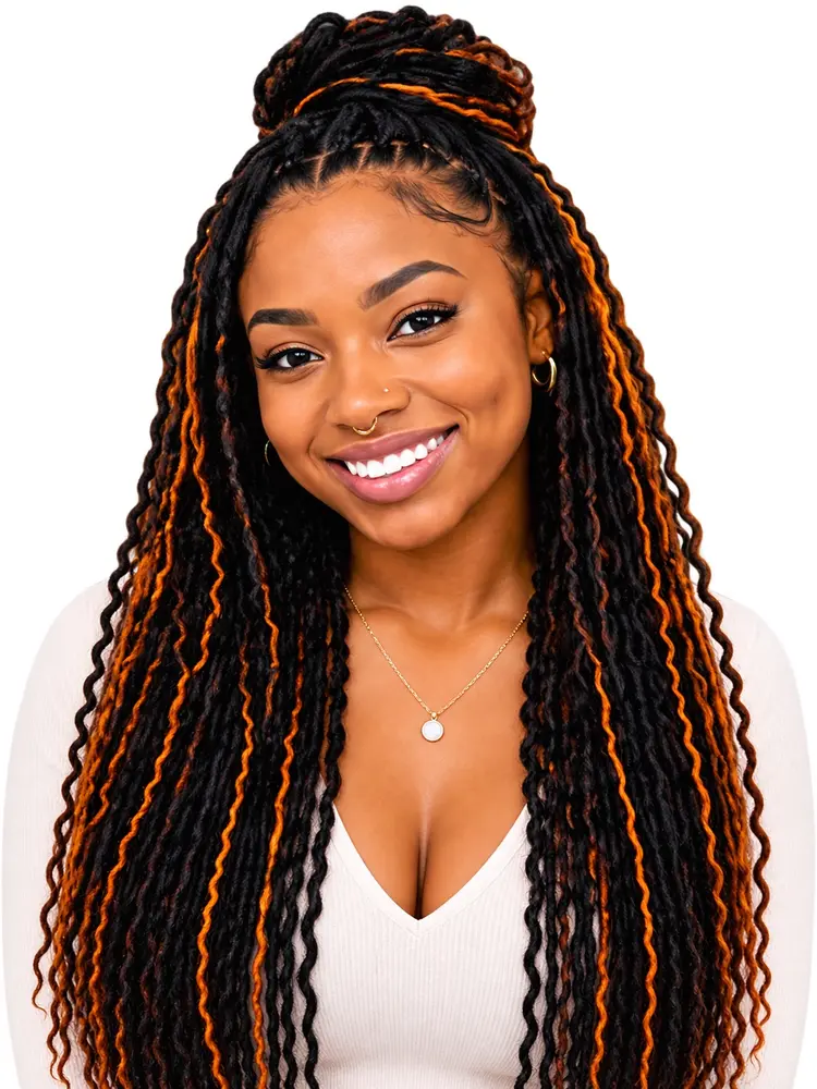 Woman modeling long locs with copper accents